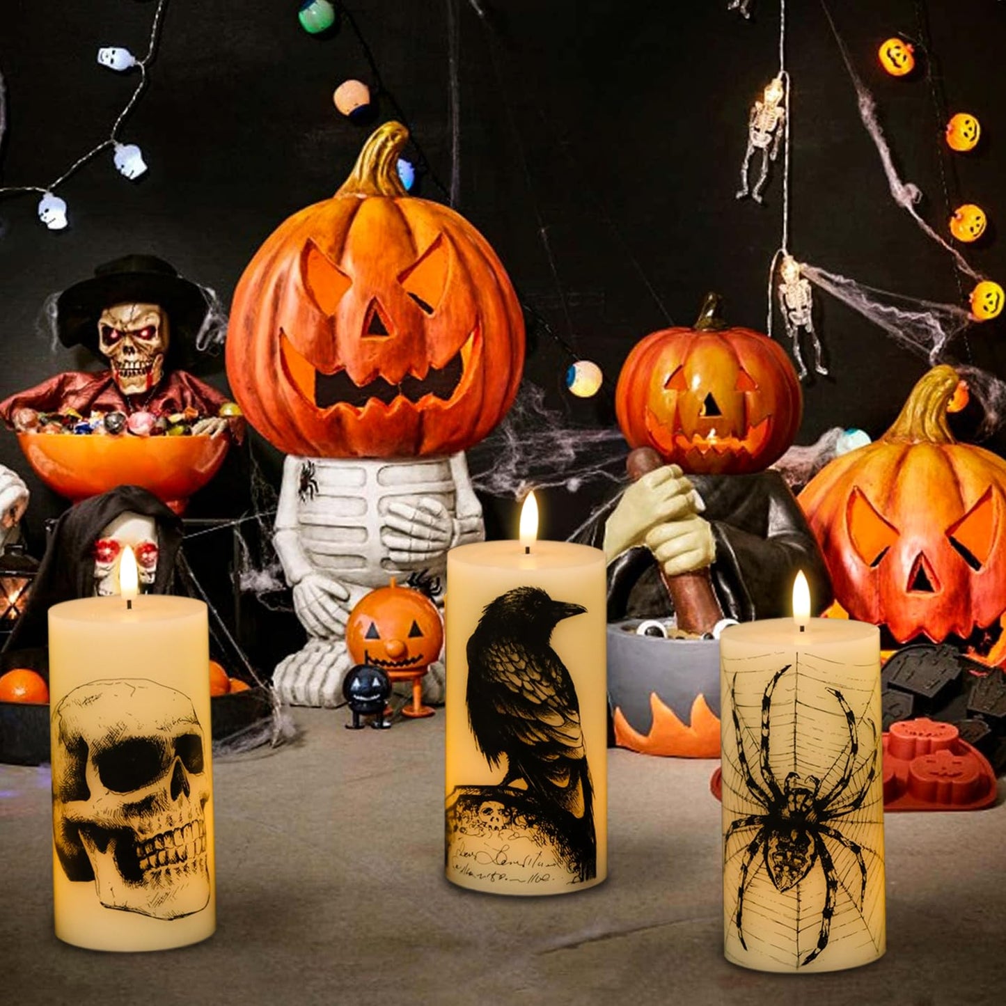 Eldnacele Halloween Flickering Candles with Skull, Spider Web, Crow Raven Decals Set of 3, Battery Operated Halloween Themed LED Candles Horror Spooky Decoration