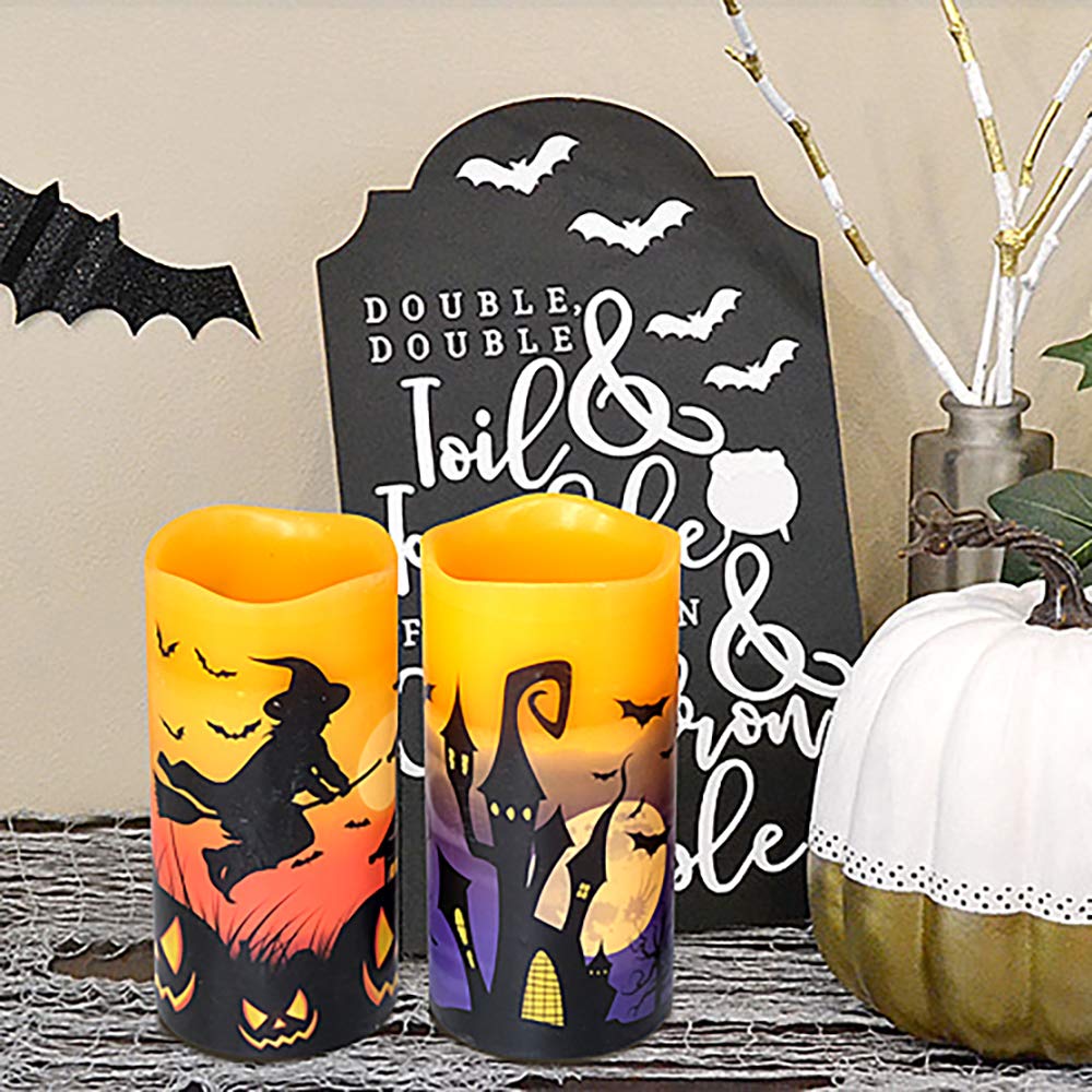 Eldnacele Halloween Flickering Candles with Skull, Spider Web, Crow Raven Decals Set of 3, Battery Operated Halloween Themed LED Candles Horror Spooky Decoration