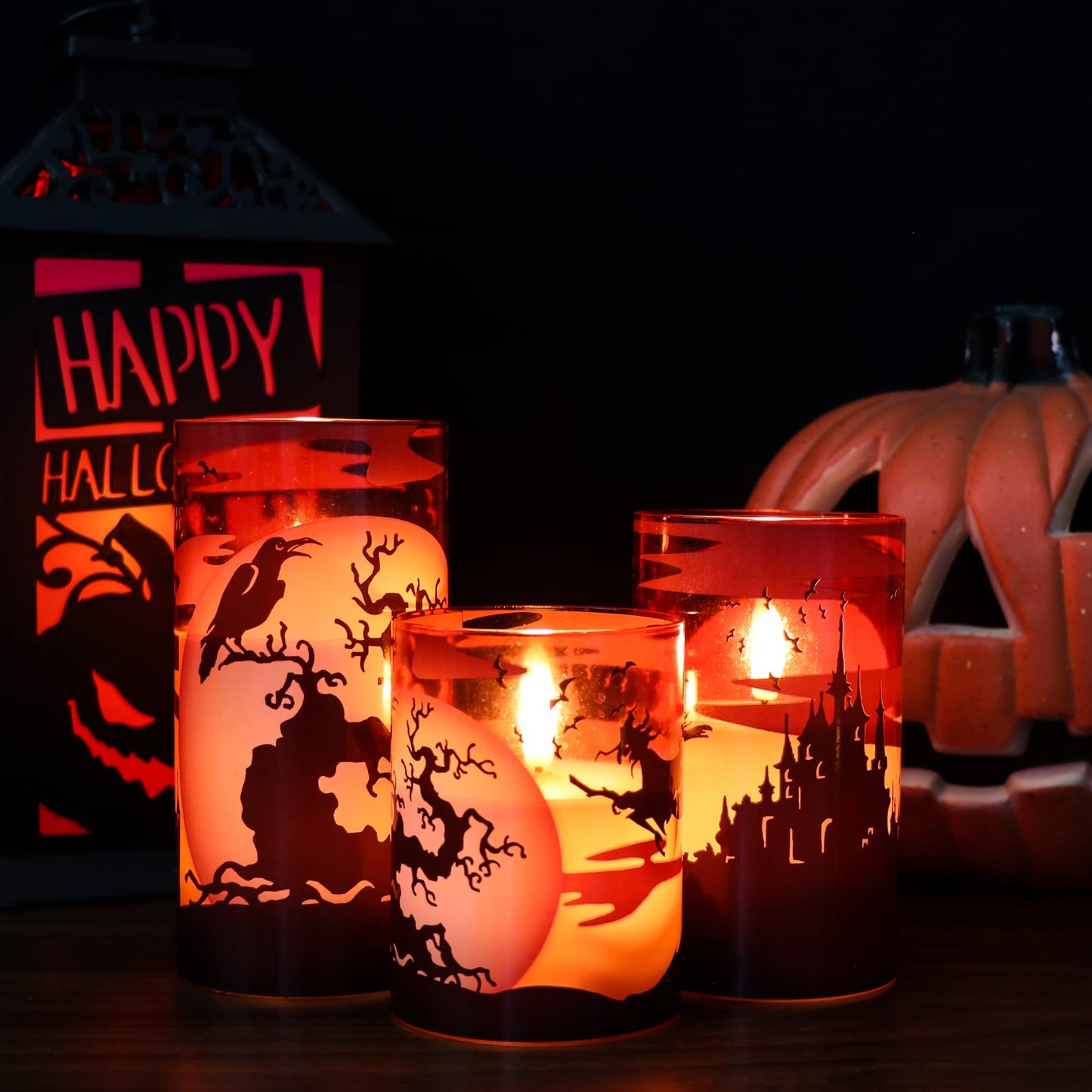 Eldnacele Halloween Flickering Candles with Skull, Spider Web, Crow Raven Decals Set of 3, Battery Operated Halloween Themed LED Candles Horror Spooky Decoration