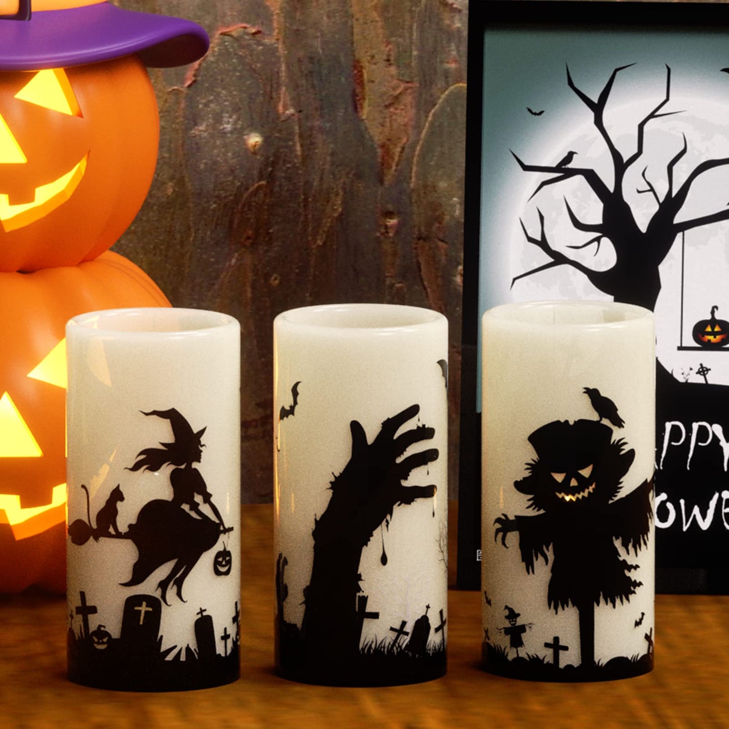 Eldnacele Halloween Flickering Candles with Skull, Spider Web, Crow Raven Decals Set of 3, Battery Operated Halloween Themed LED Candles Horror Spooky Decoration