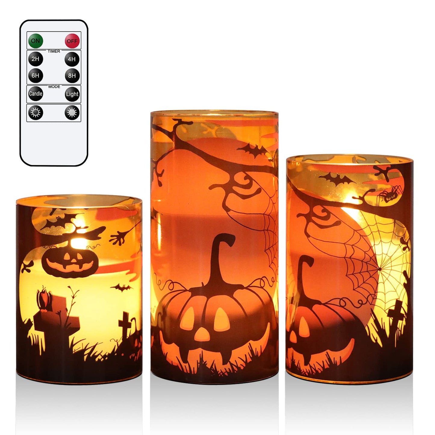 Eldnacele Halloween Flickering Candles with Skull, Spider Web, Crow Raven Decals Set of 3, Battery Operated Halloween Themed LED Candles Horror Spooky Decoration