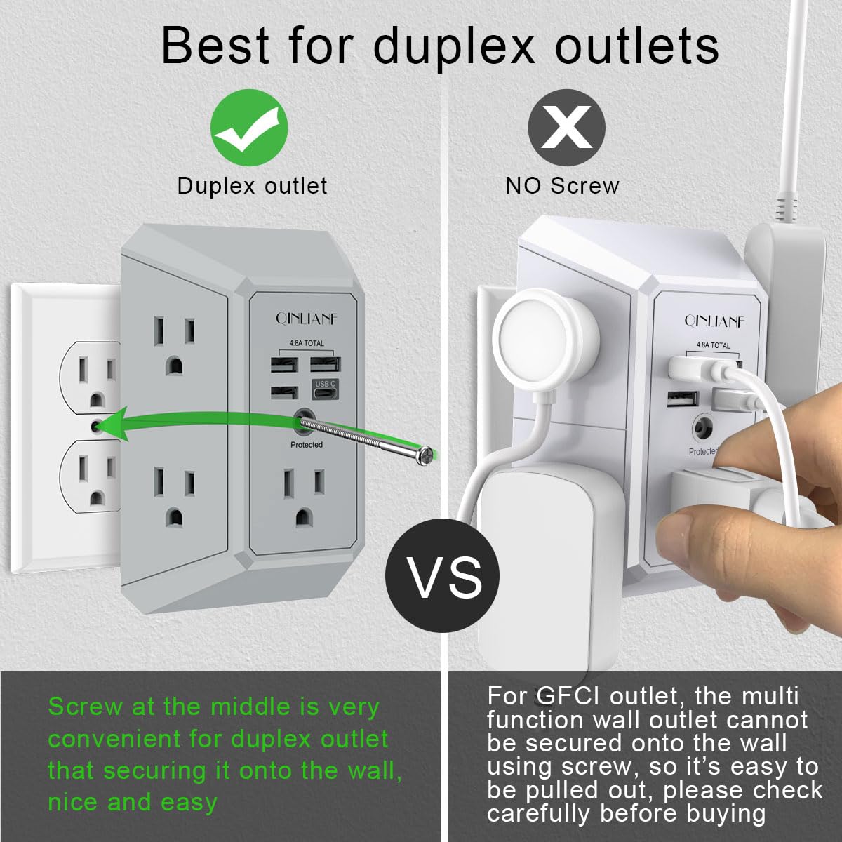 Wall Charger, Surge Protector, QINLIANF 5 Outlet Extender with 4 USB Charging Ports (4.8A Total) 3-Sided 1680J Power Strip Multi Plug Adapter Spaced for Home Travel Office (3U1C)
