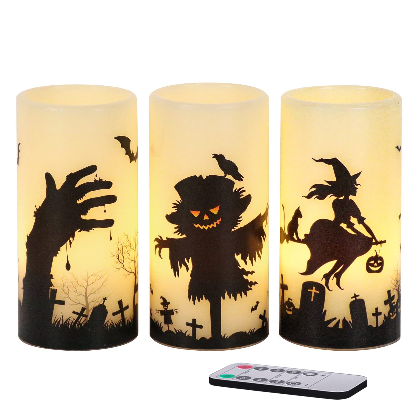 Eldnacele Halloween Flickering Candles with Skull, Spider Web, Crow Raven Decals Set of 3, Battery Operated Halloween Themed LED Candles Horror Spooky Decoration