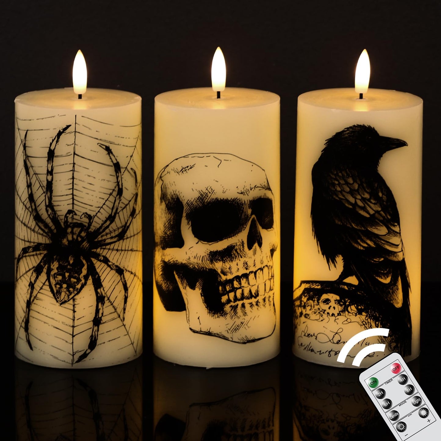 Eldnacele Halloween Flickering Candles with Skull, Spider Web, Crow Raven Decals Set of 3, Battery Operated Halloween Themed LED Candles Horror Spooky Decoration