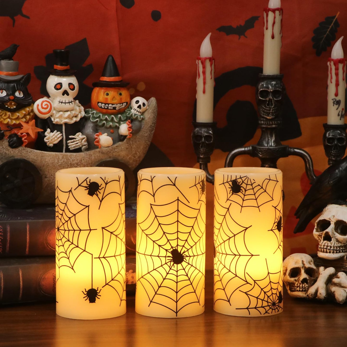 Eldnacele Halloween Flickering Candles with Skull, Spider Web, Crow Raven Decals Set of 3, Battery Operated Halloween Themed LED Candles Horror Spooky Decoration