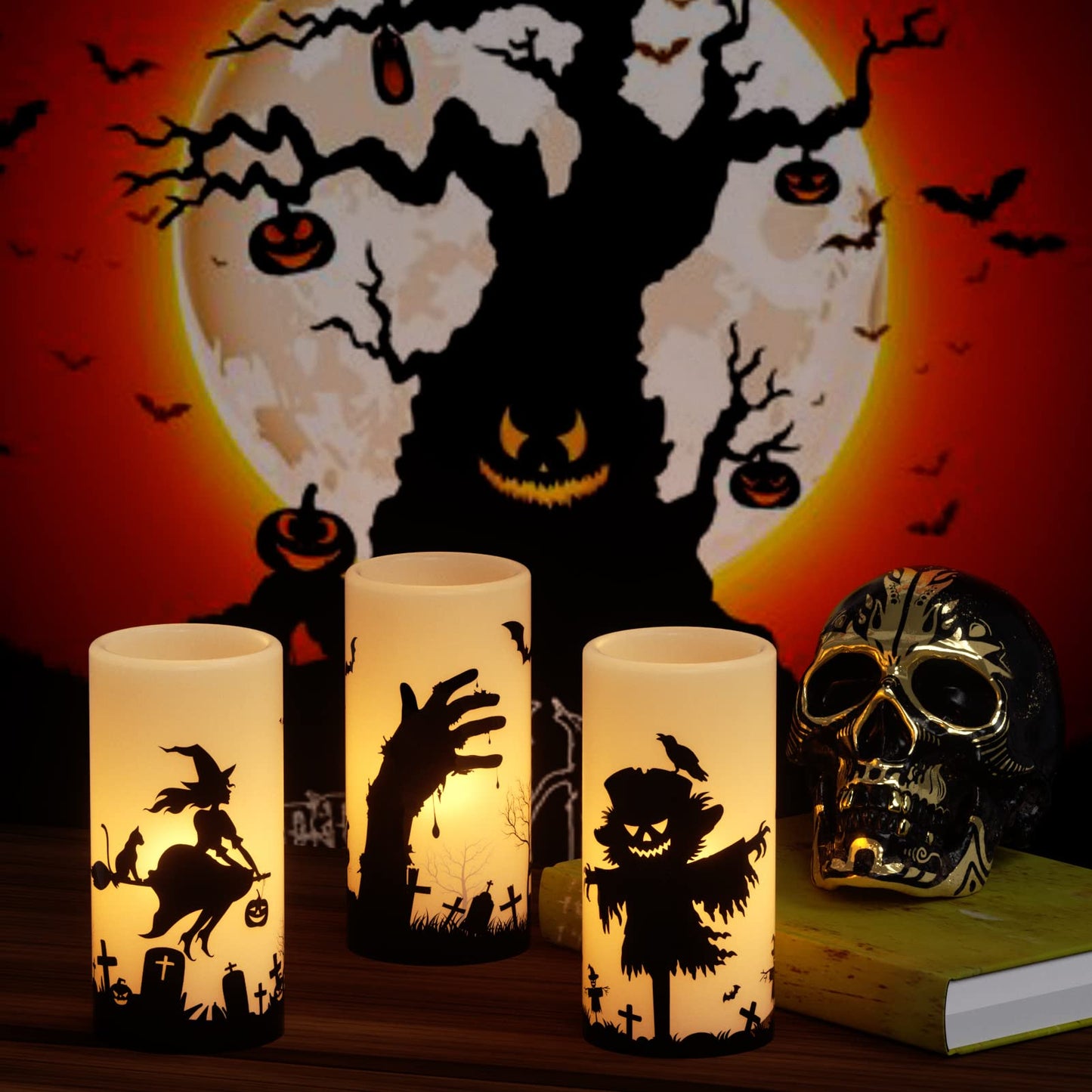 Eldnacele Halloween Flickering Candles with Skull, Spider Web, Crow Raven Decals Set of 3, Battery Operated Halloween Themed LED Candles Horror Spooky Decoration