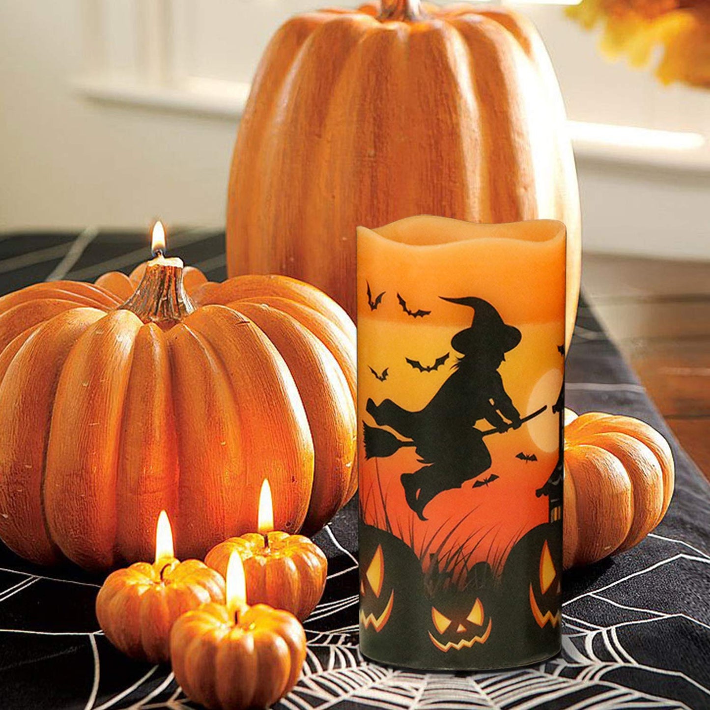 Eldnacele Halloween Flickering Candles with Skull, Spider Web, Crow Raven Decals Set of 3, Battery Operated Halloween Themed LED Candles Horror Spooky Decoration