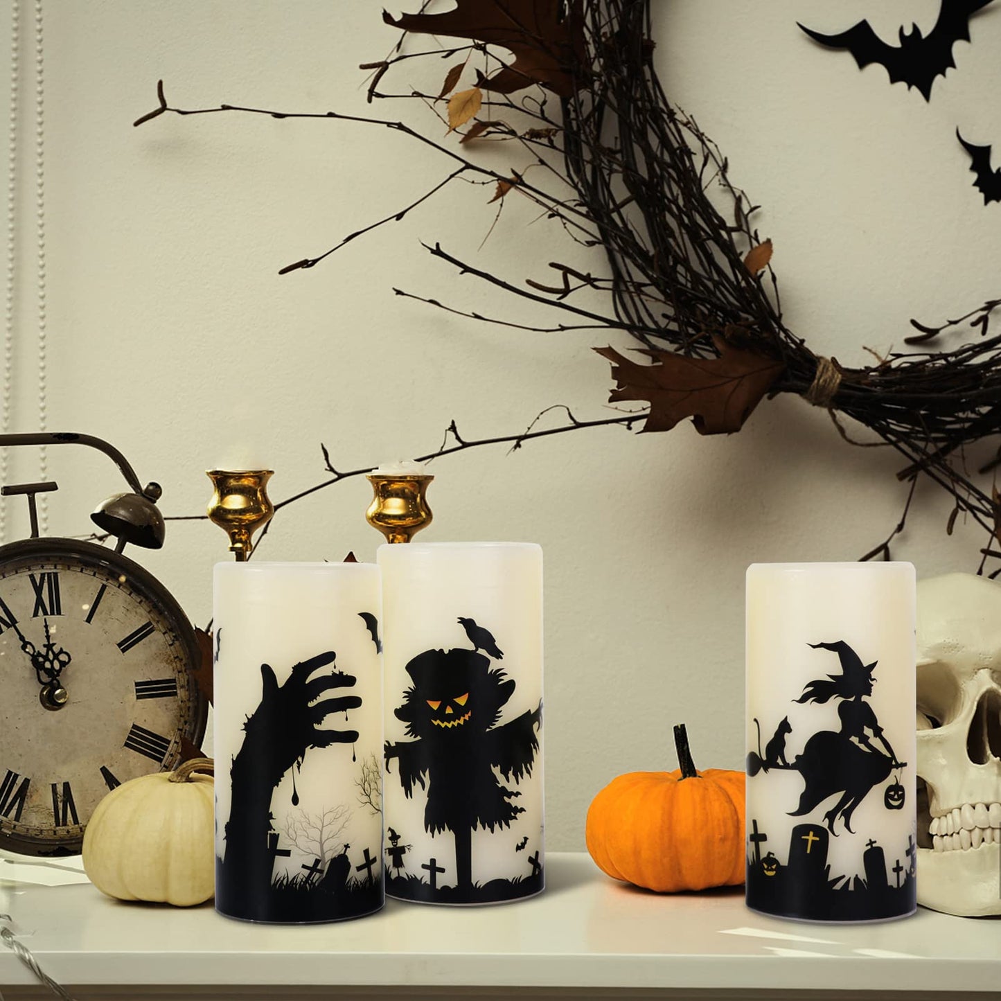 Eldnacele Halloween Flickering Candles with Skull, Spider Web, Crow Raven Decals Set of 3, Battery Operated Halloween Themed LED Candles Horror Spooky Decoration
