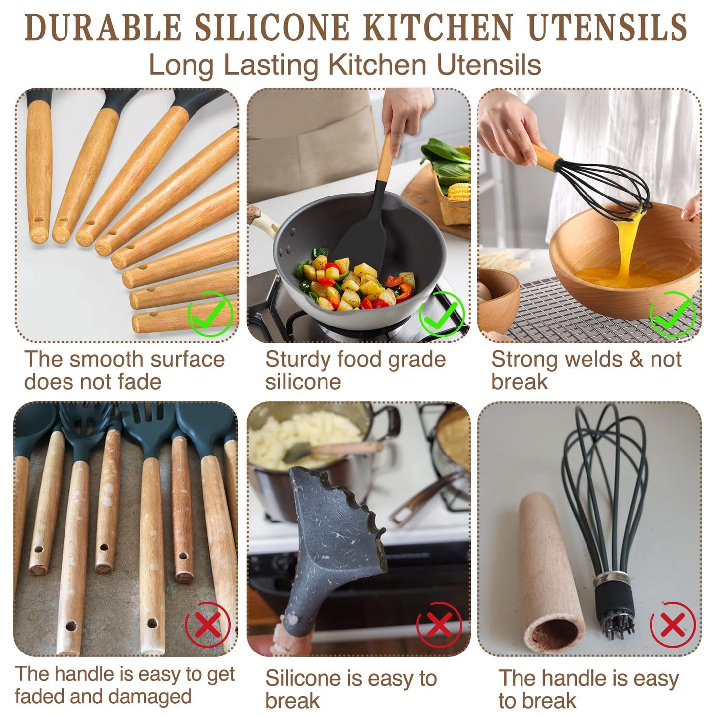 Umite Chef Kitchen Cooking Utensils Set, 33 pcs Non-Stick Silicone Cooking Kitchen Utensils Spatula Set with Holder, Wooden Handle Silicone Kitchen Gadgets Utensil Set (Khaki)