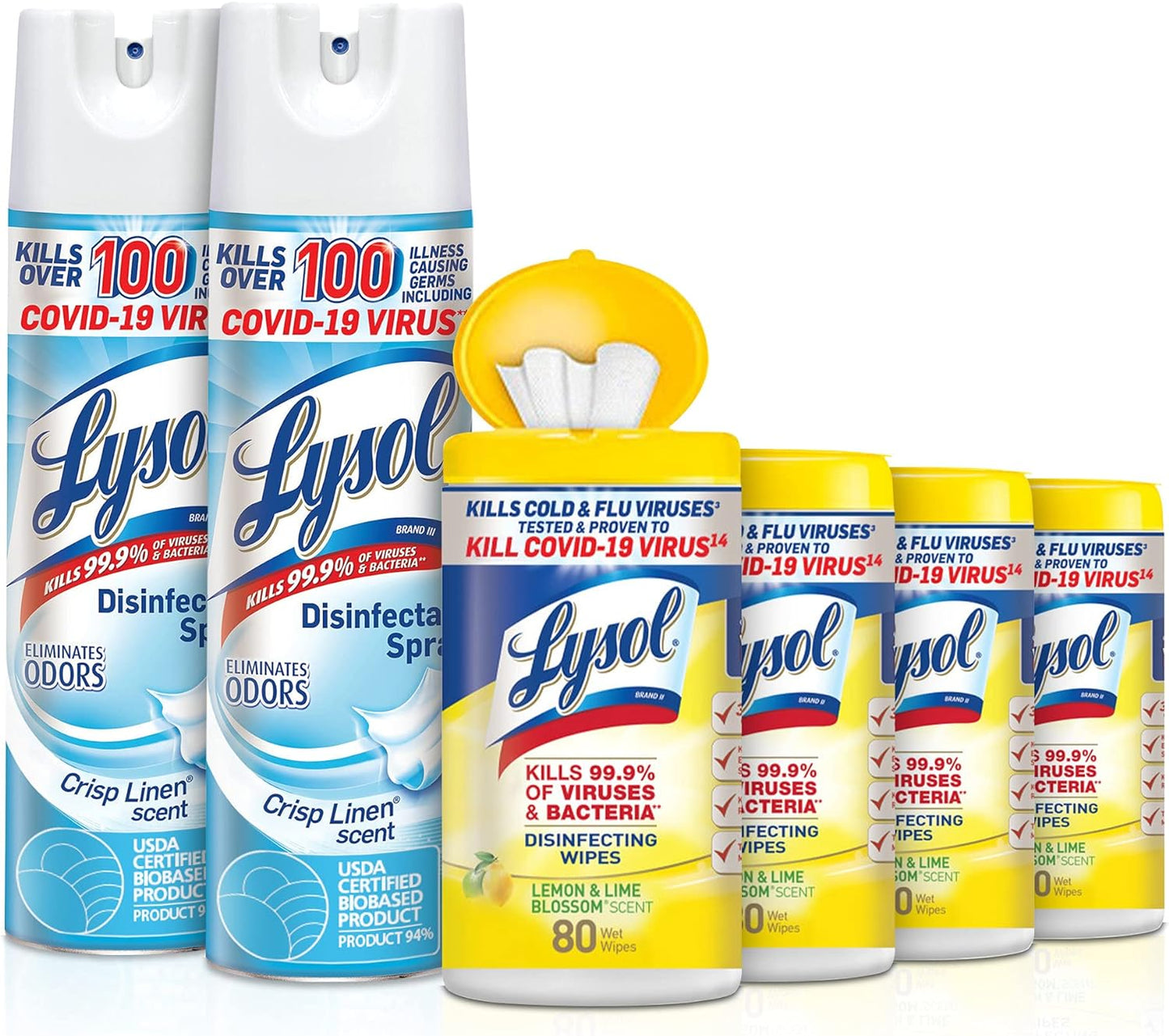 Lysol Disinfectant Multi-Surface Cleaning Wipes, Lemon and Lime Blossom, 80 Count (Pack of 4) Sanitizing Spray, Crisp Linen, 19 Fl Oz Each 2)