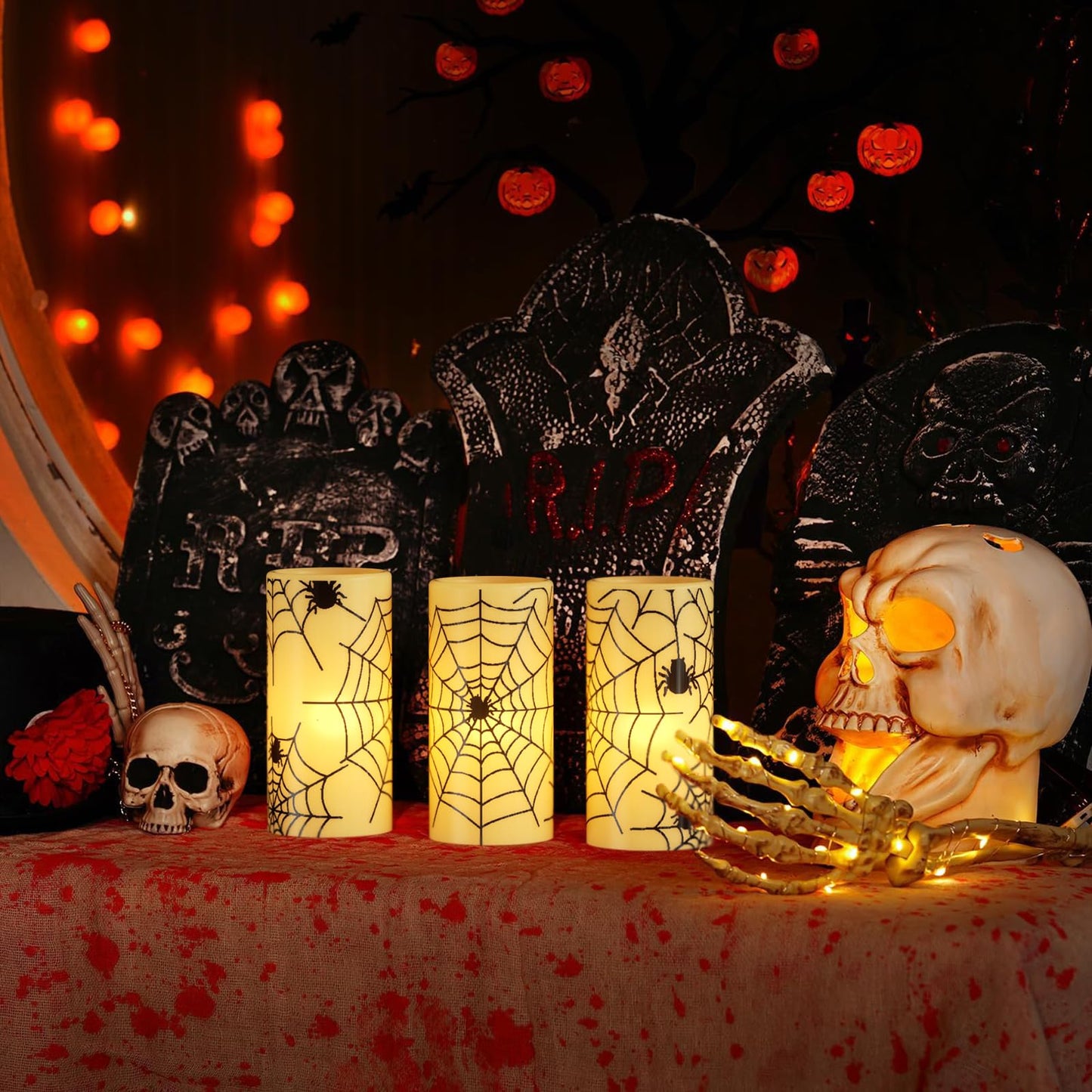 Eldnacele Halloween Flickering Candles with Skull, Spider Web, Crow Raven Decals Set of 3, Battery Operated Halloween Themed LED Candles Horror Spooky Decoration