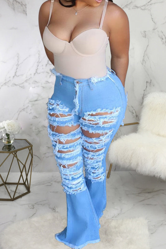 Light Blue High Waist Hole Washing Flare Leg Plus Size Ripped Denim Jeans