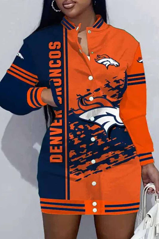 Denver Football Sports Casual Vintage Print Patchwork Mandarin Collar One Step Skirt Dress