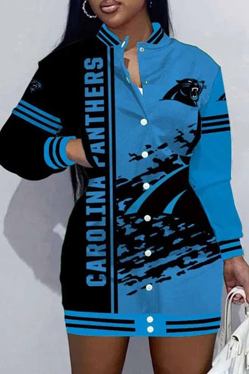 Detroit Football Sports Casual Vintage Print Patchwork Mandarin Collar One Step Skirt Dress