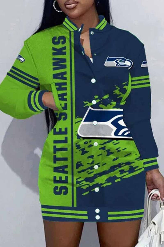 Seattle Football Sports Casual Vintage Print Patchwork Mandarin Collar One Step Skirt Dresse