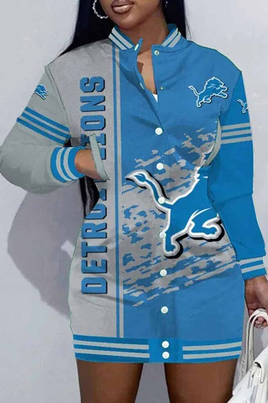 Detroit Football Sports Casual Vintage Print Patchwork Mandarin Collar One Step Skirt Dress