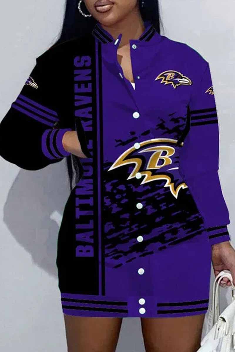 Detroit Football Sports Casual Vintage Print Patchwork Mandarin Collar One Step Skirt Dress