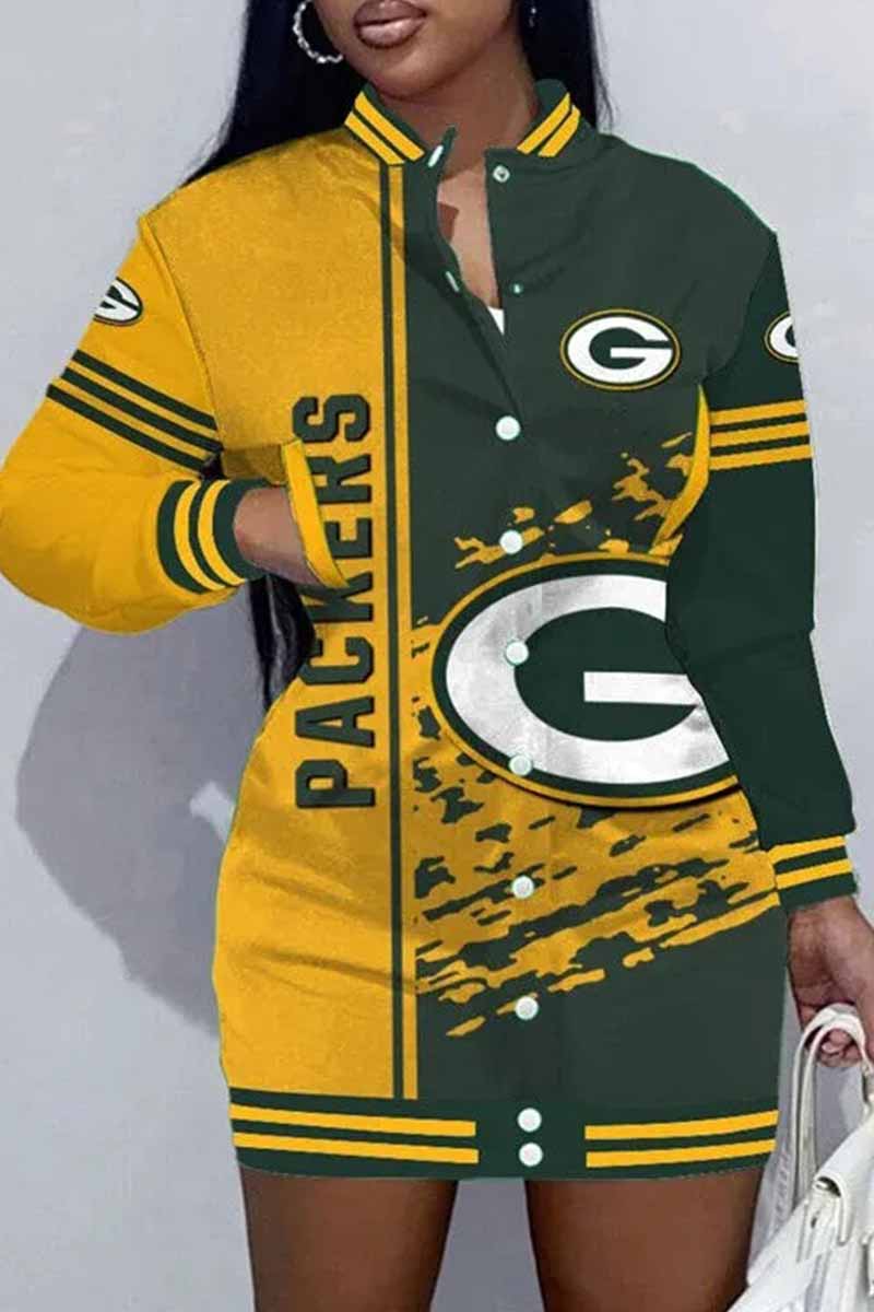Detroit Football Sports Casual Vintage Print Patchwork Mandarin Collar One Step Skirt Dress