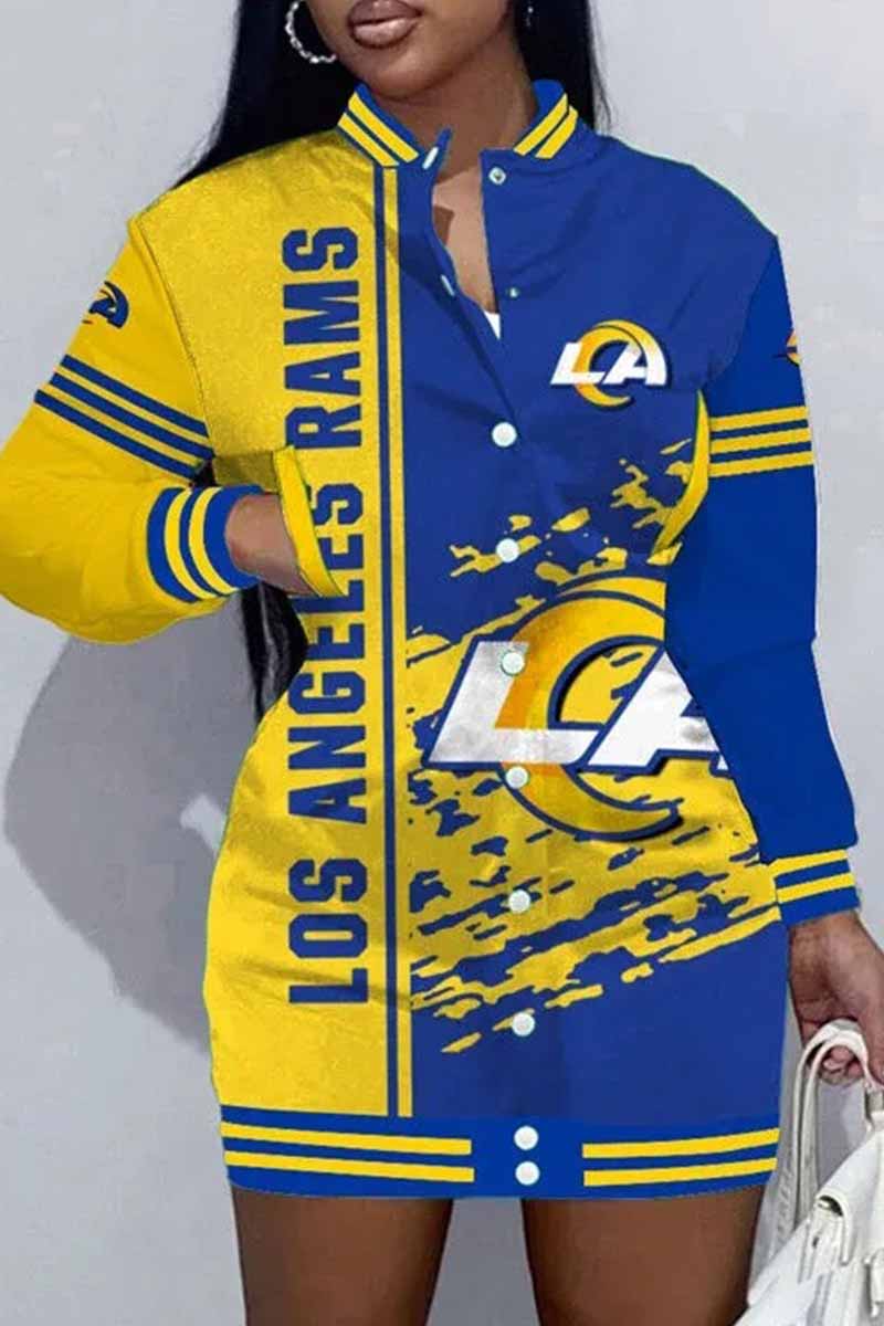 Detroit Football Sports Casual Vintage Print Patchwork Mandarin Collar One Step Skirt Dress