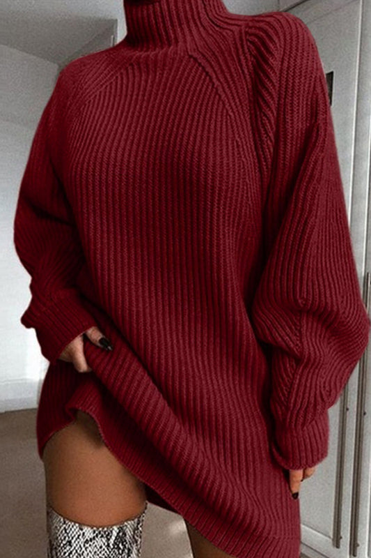 Red Casual Solid Basic Turtleneck Long Sleeve Dresses