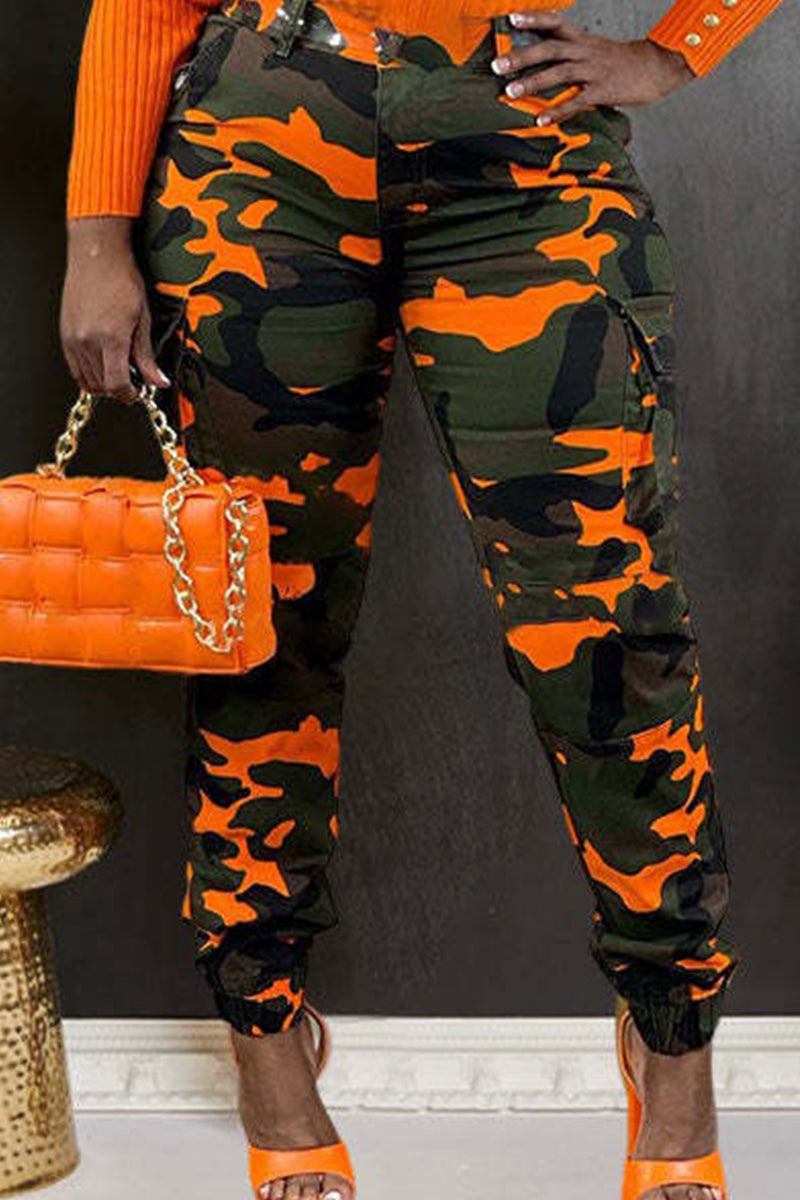 Black/White Street Camouflage Print Zipper Plus Size Skinny Cargo Pants