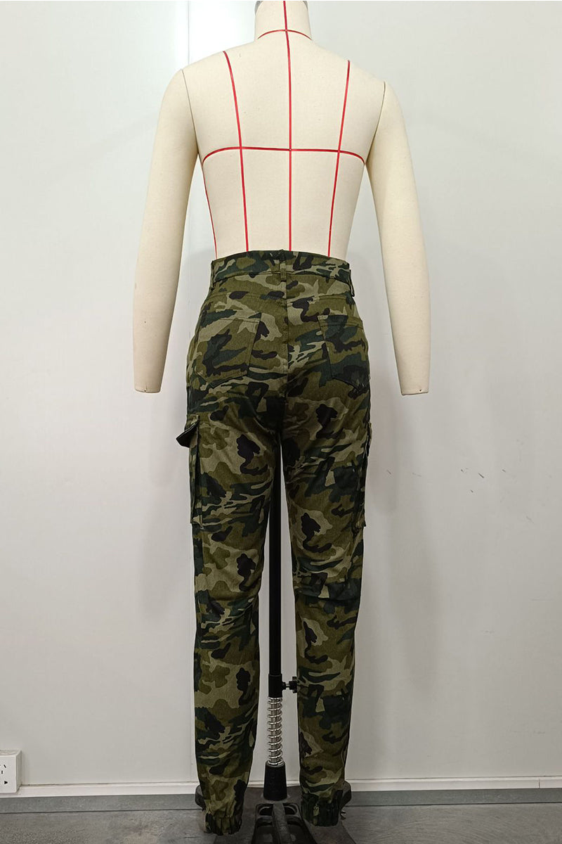 Black/White Street Camouflage Print Zipper Plus Size Skinny Cargo Pants