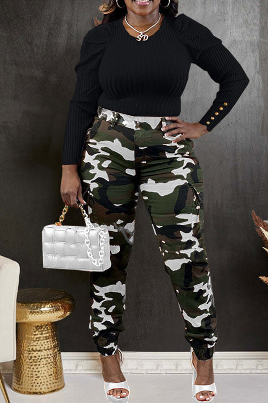 Black/White Street Camouflage Print Zipper Plus Size Skinny Cargo Pants