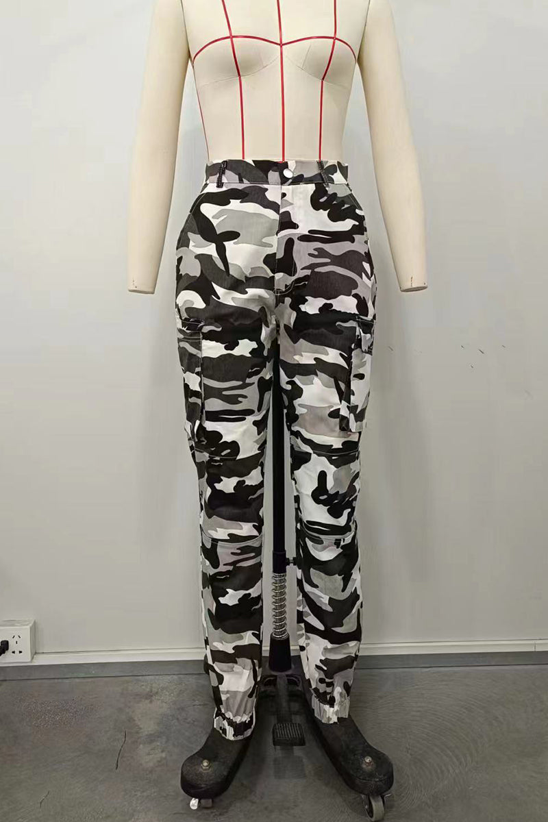 Black/White Street Camouflage Print Zipper Plus Size Skinny Cargo Pants