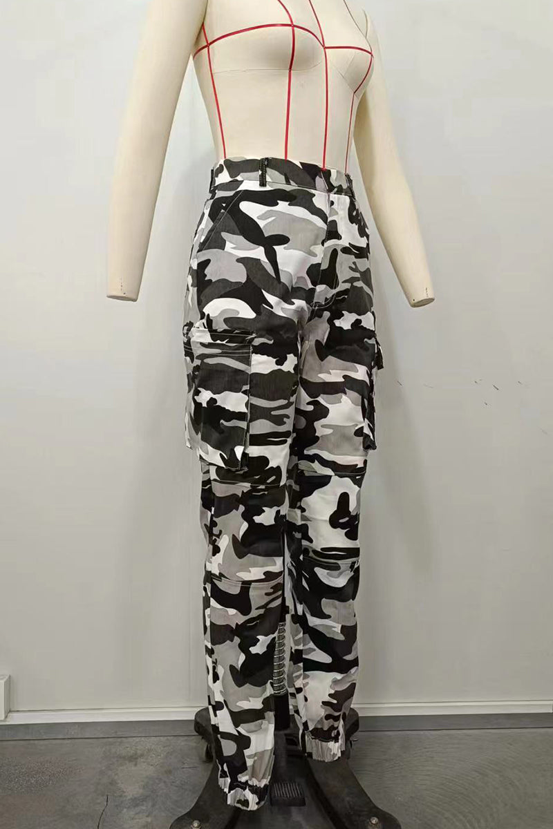 Black/White Street Camouflage Print Zipper Plus Size Skinny Cargo Pants