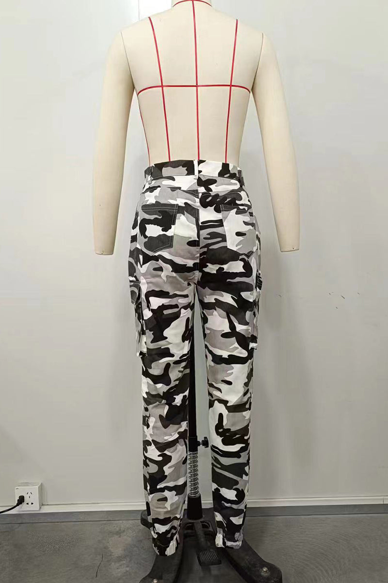 Black/White Street Camouflage Print Zipper Plus Size Skinny Cargo Pants