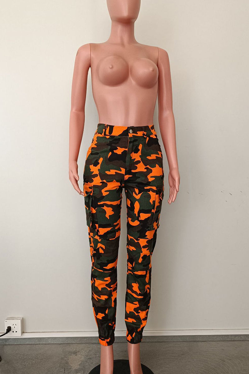 Black/White Street Camouflage Print Zipper Plus Size Skinny Cargo Pants