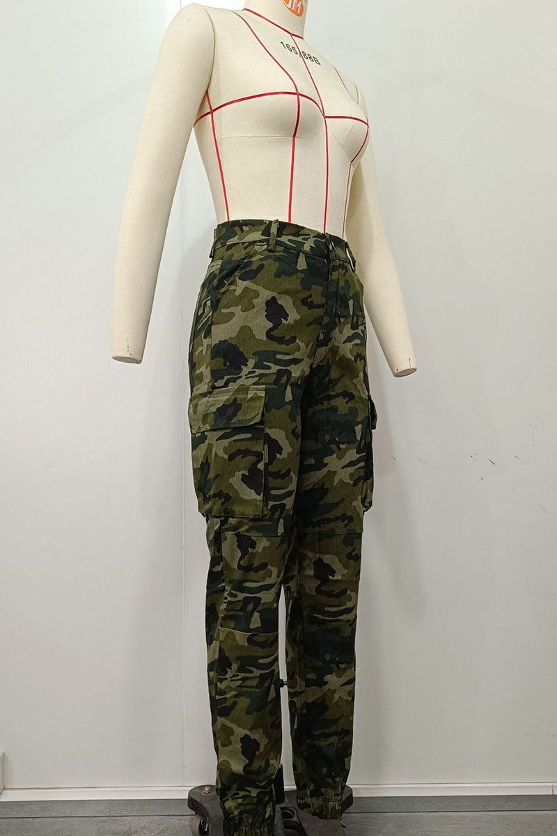Black/White Street Camouflage Print Zipper Plus Size Skinny Cargo Pants