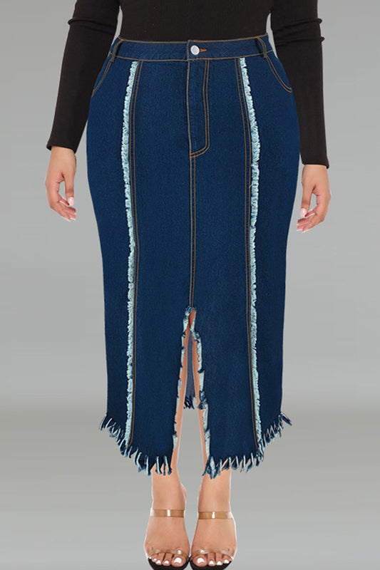 Deep Blue Street Solid Color Buttons Patchwork Slit Zipper Plus Size Skirt