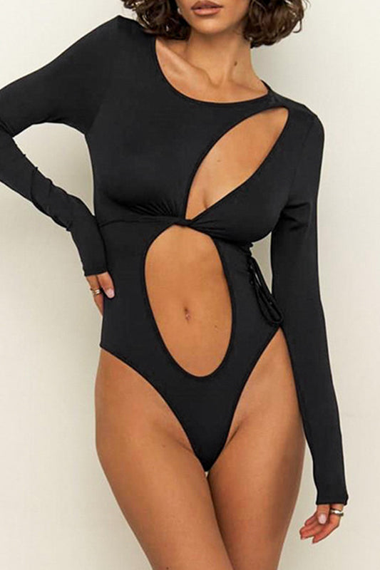 Black Sexy Solid Color Hollow Out Patchwork Strap Design O Neck Skinny Bodysuits