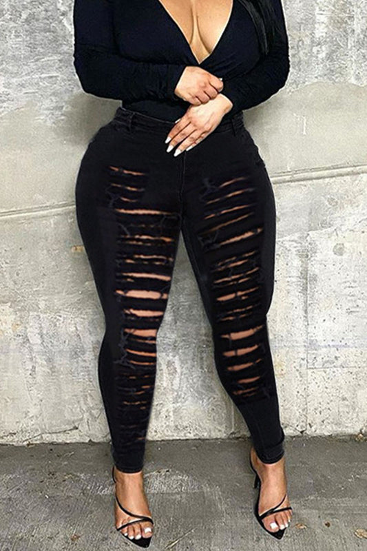 Black Sexy Solid Ripped Make Old Buttons Plus Size