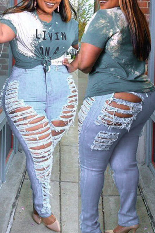 Baby Blue Casual Hight Waist Distressed Plus Size Ripped Denim Jeans