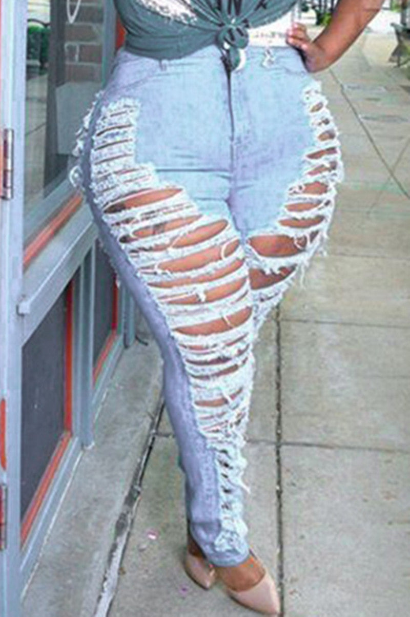 Baby Blue Casual Hight Waist Distressed Plus Size Ripped Denim Jeans