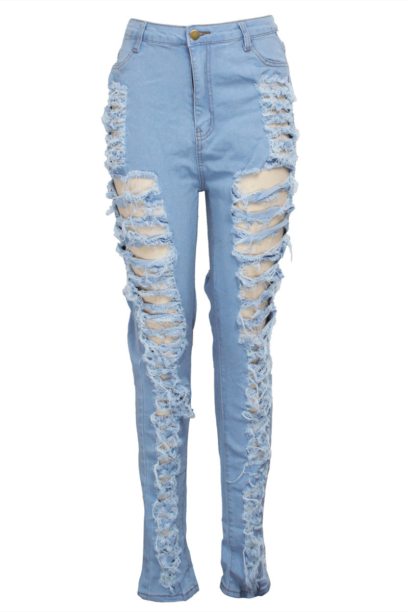 Baby Blue Casual Hight Waist Distressed Plus Size Ripped Denim Jeans