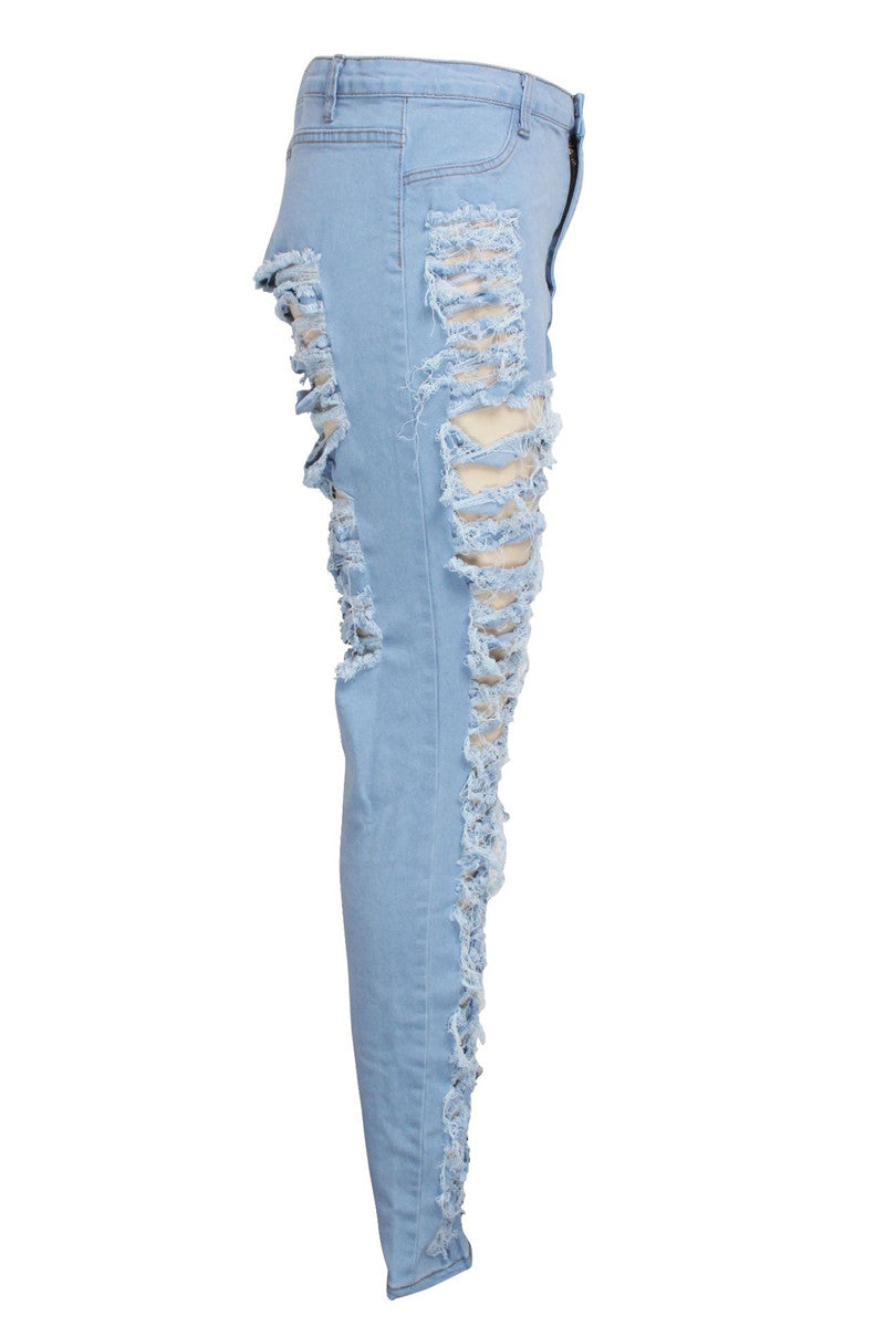 Baby Blue Casual Hight Waist Distressed Plus Size Ripped Denim Jeans