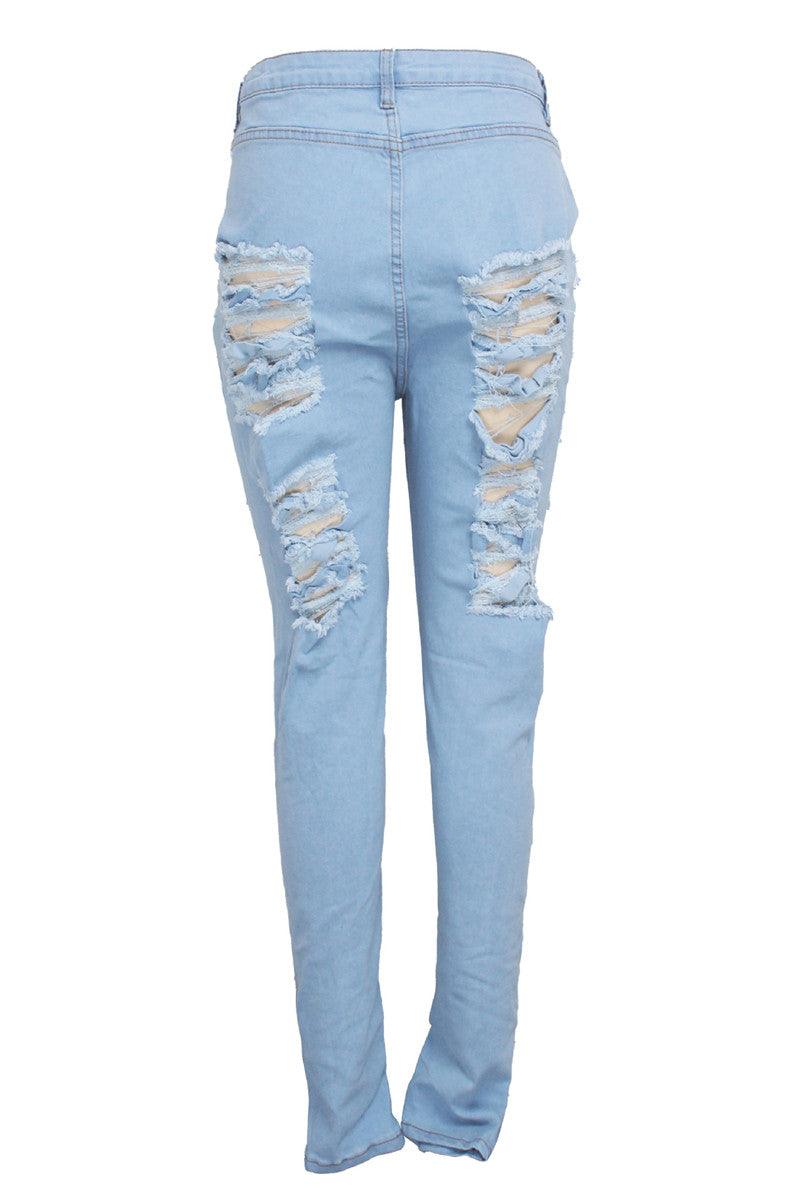 Baby Blue Casual Hight Waist Distressed Plus Size Ripped Denim Jeans