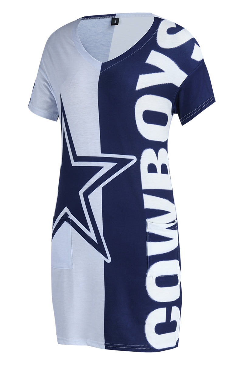 Dallas Football Dark Blue Fashion Casual Print Patchwork V Neck Short Sleeve Dress