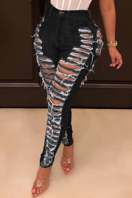 Black Casual Hight Waist Plus Size Distressed Ripped Denim Jeans