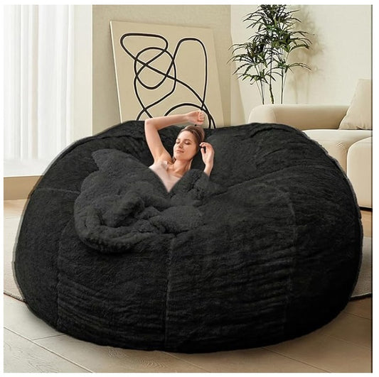 Bean Bag Chair for Adults Kids without Filling Comfy Fluffy Giant Round Beanbag Lazy Sofa Cover for Reading Chair Floor Chair, 5FT, Black
