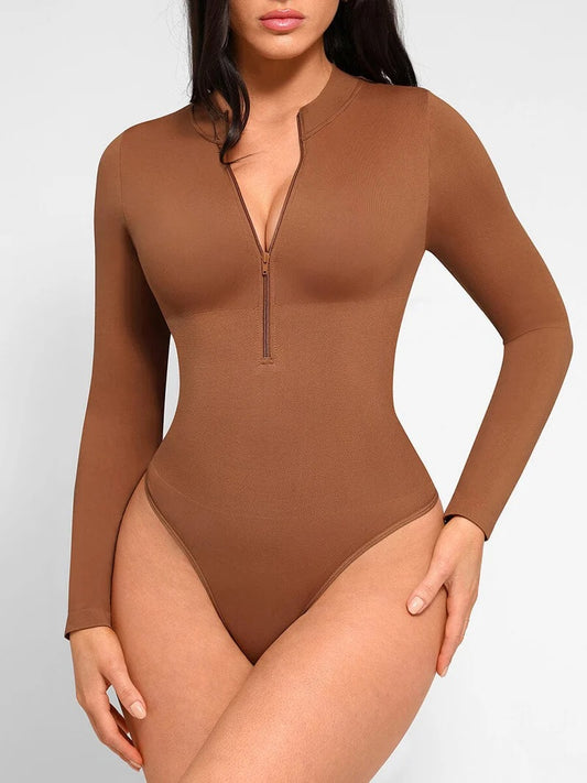 Seamless Long Sleeve Zipper Thong Bodysuit