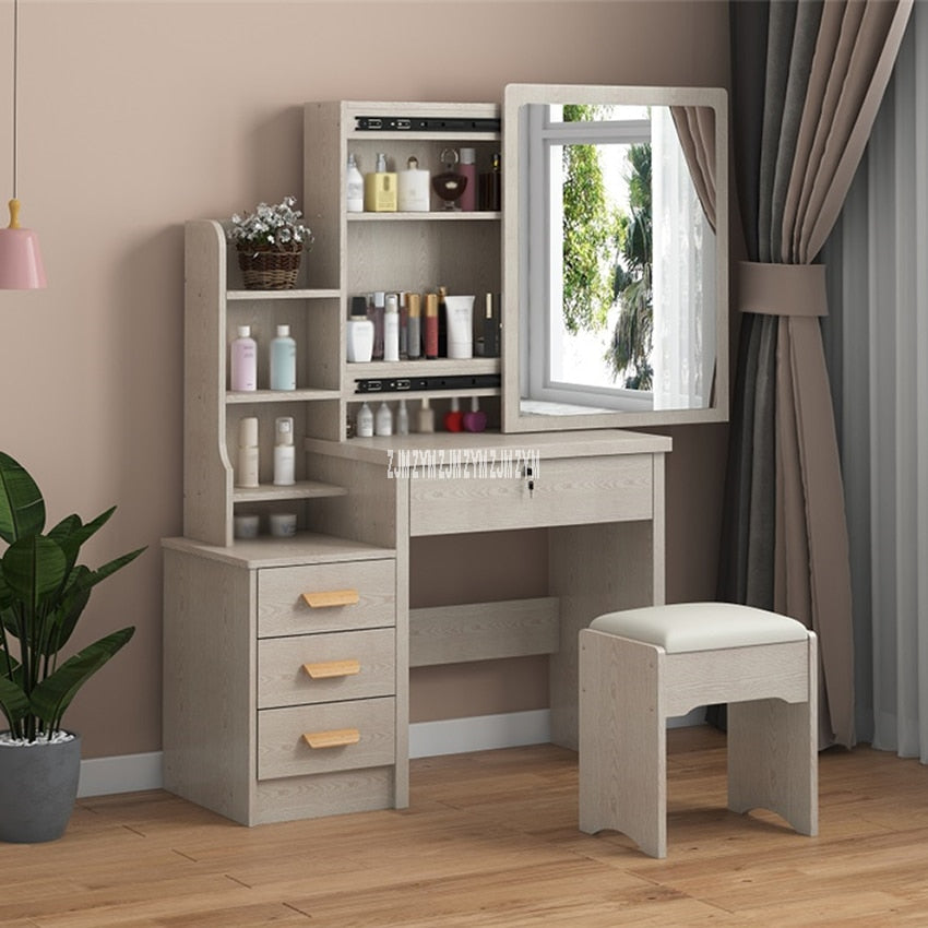 C918 Simple Modern Dresser Household Bedroom Dressing Table Density Board Makeup T able With Mirror Drawer Lock Stool