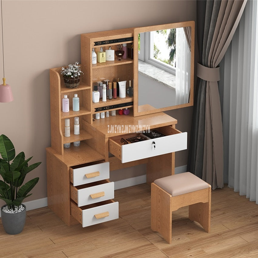 C918 Simple Modern Dresser Household Bedroom Dressing Table Density Board Makeup T able With Mirror Drawer Lock Stool