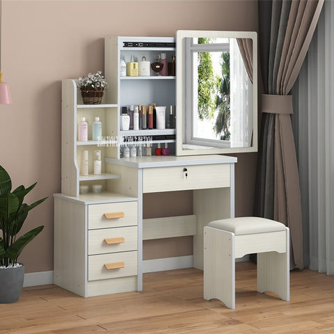 Image of C918 Simple Modern Dresser Household Bedroom Dressing Table Density Board Makeup T able With Mirror Drawer Lock Stool