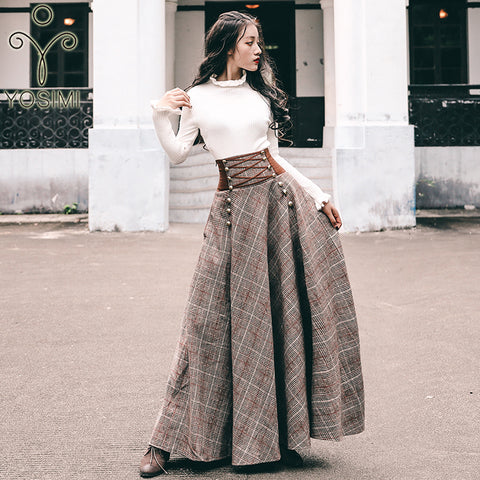 Image of YOSIMI 2020 Sweater Skirt Set Full Sleeve Blouse Top and Woolen Plaid Skirt and Top Set Women Two Piece Outfits