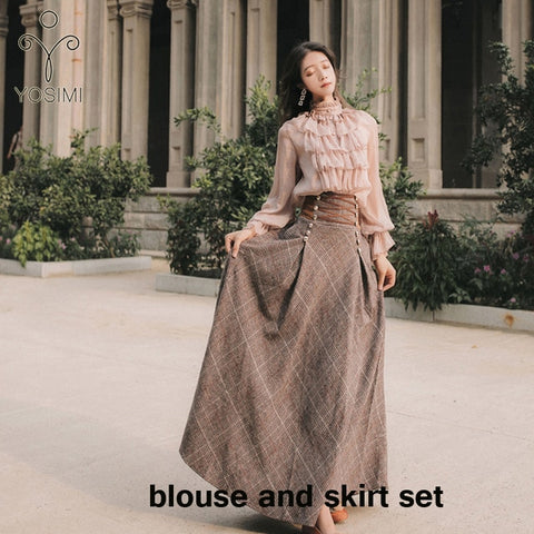 Image of YOSIMI 2020 Sweater Skirt Set Full Sleeve Blouse Top and Woolen Plaid Skirt and Top Set Women Two Piece Outfits