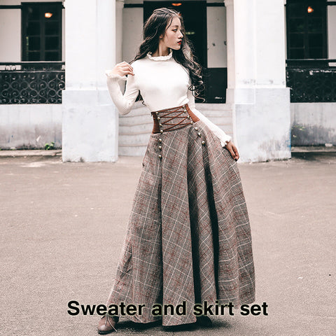 YOSIMI 2020 Sweater Skirt Set Full Sleeve Blouse Top and Woolen Plaid Skirt and Top Set Women Two Piece Outfits
